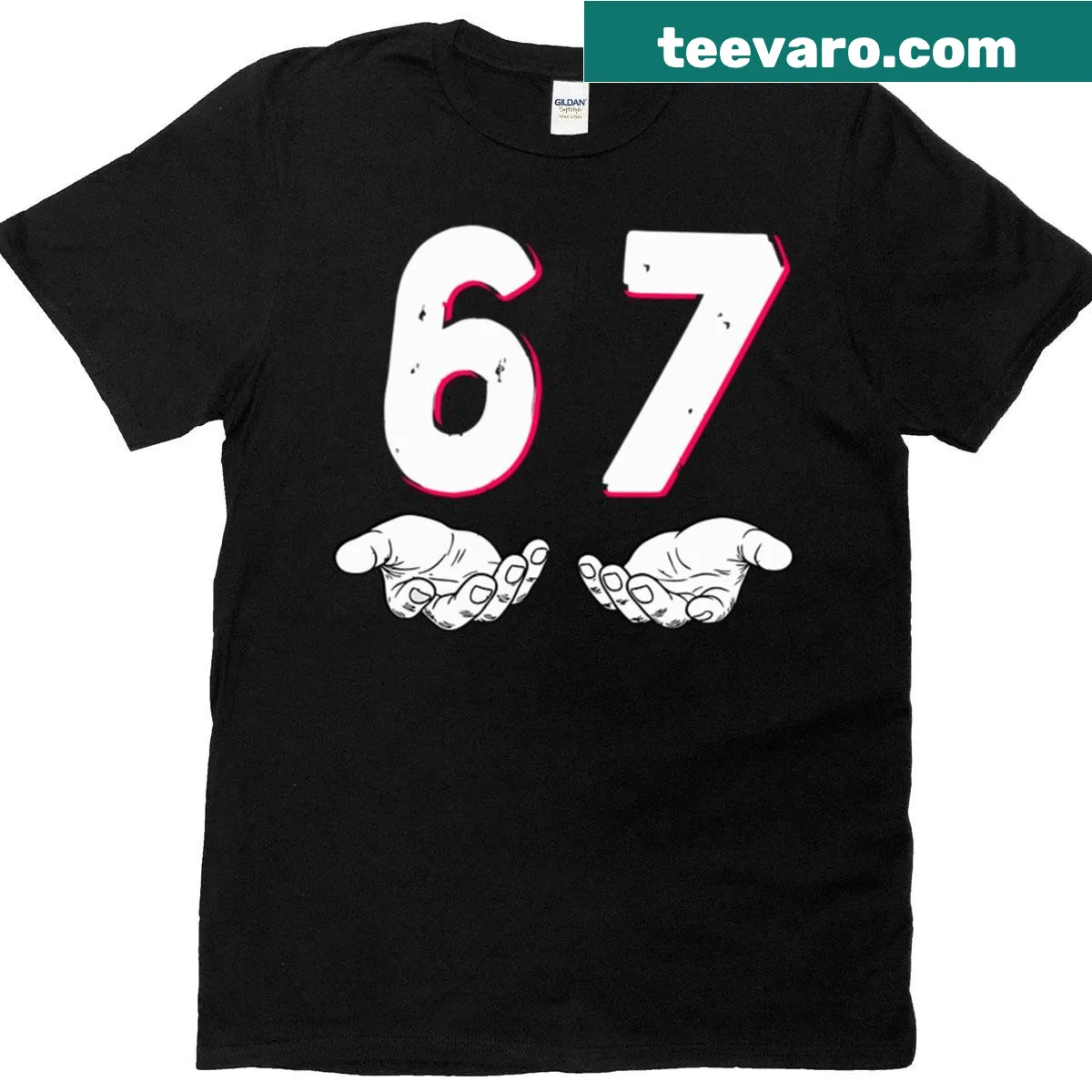 Funny t-shirt featuring the 6 7 meme text — on a men's t-shirt