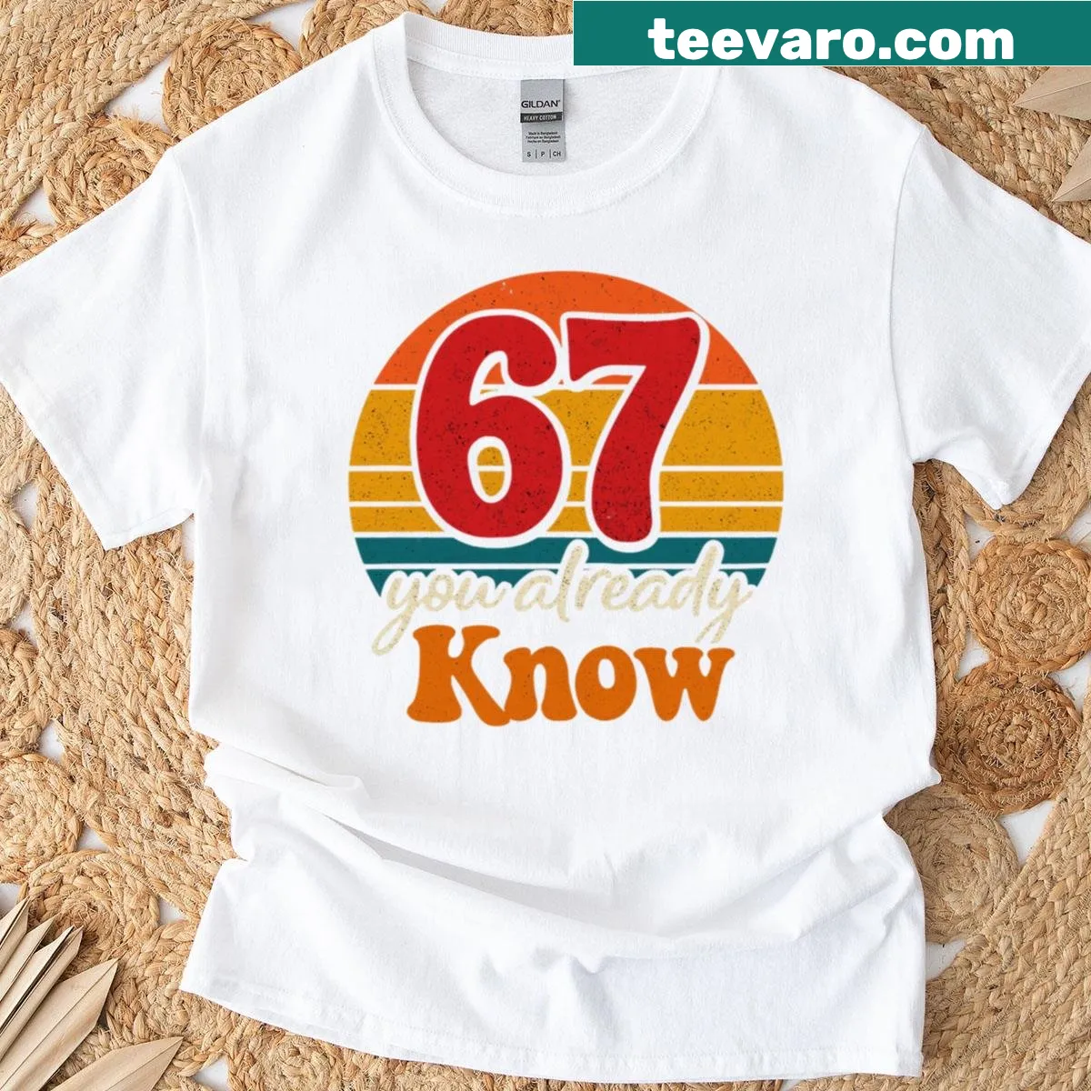 Distressed T-shirt with retro sunset and the phrase 67 You Already Know — on a men's t-shirt