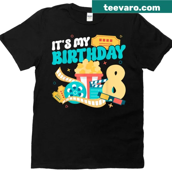T-shirt with a whimsical movie night graphic for an eight-year-old movie lover