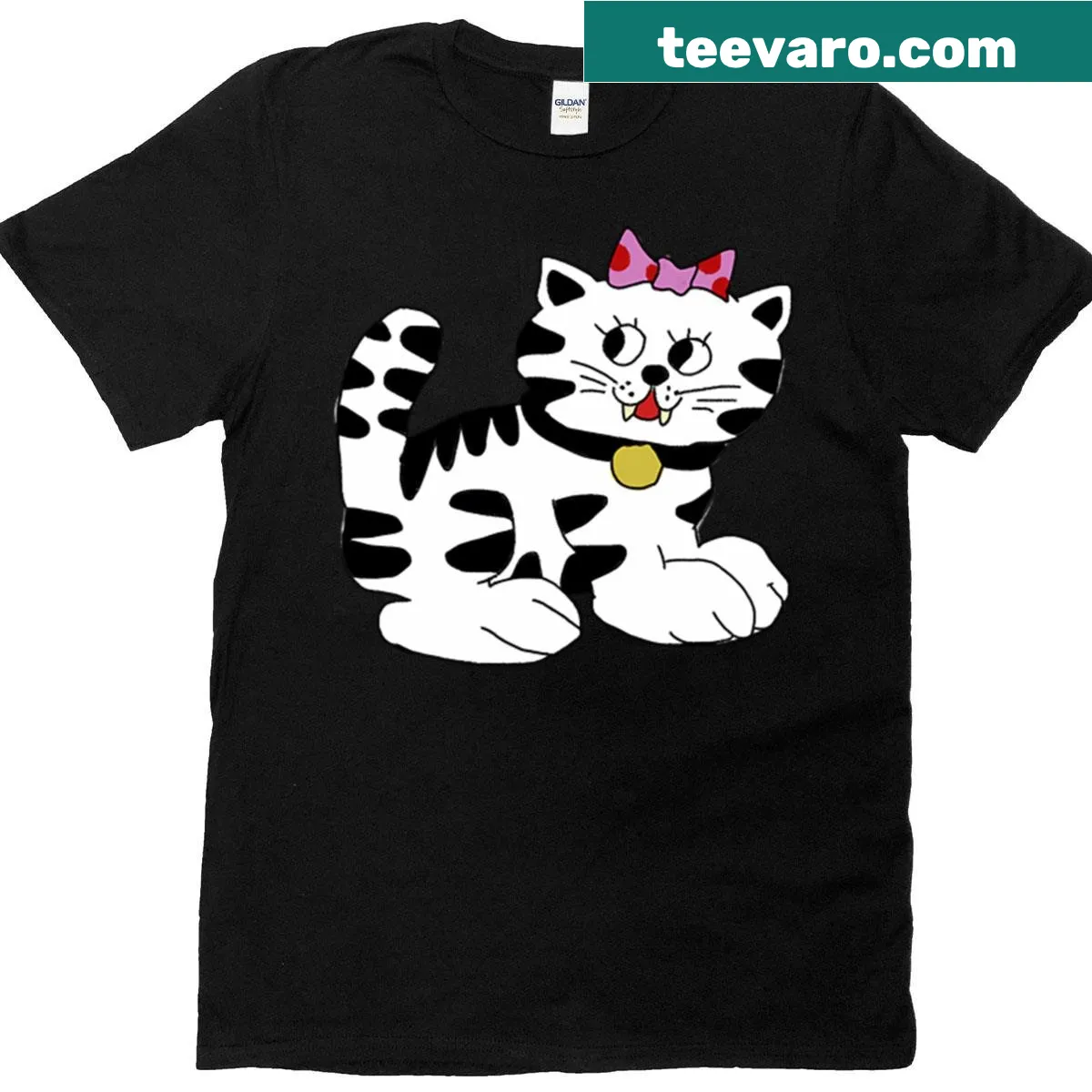 Cute cat illustration wearing a pink ribbon on a t-shirt. — on a men's t-shirt