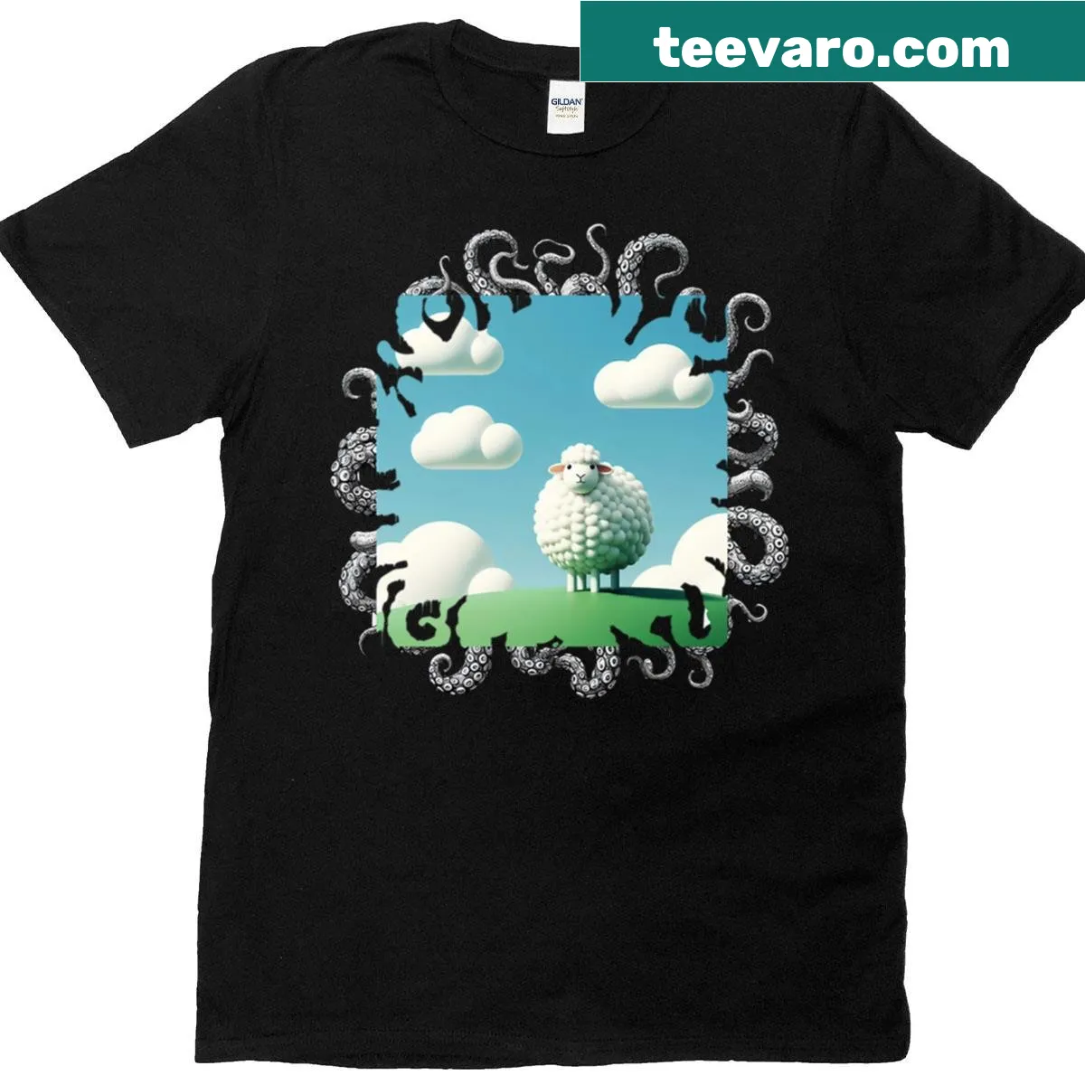 Quirky T-shirt featuring a cartoon alien sheep — on a men's t-shirt