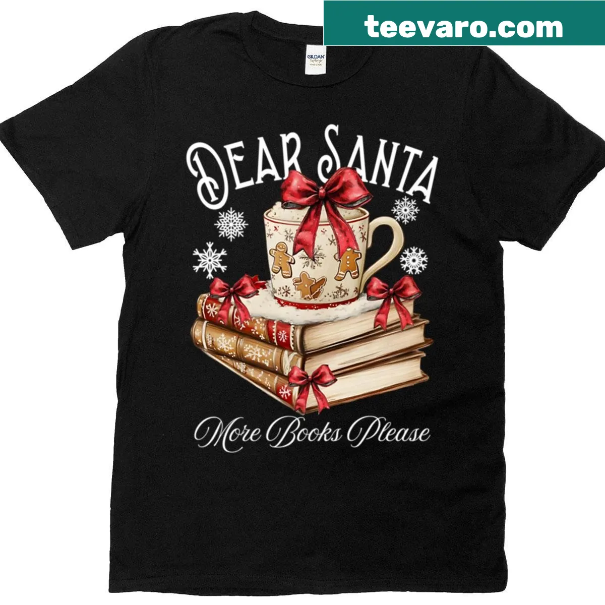Whimsical T-shirt with Christmas and book-themed graphic — on a men's t-shirt