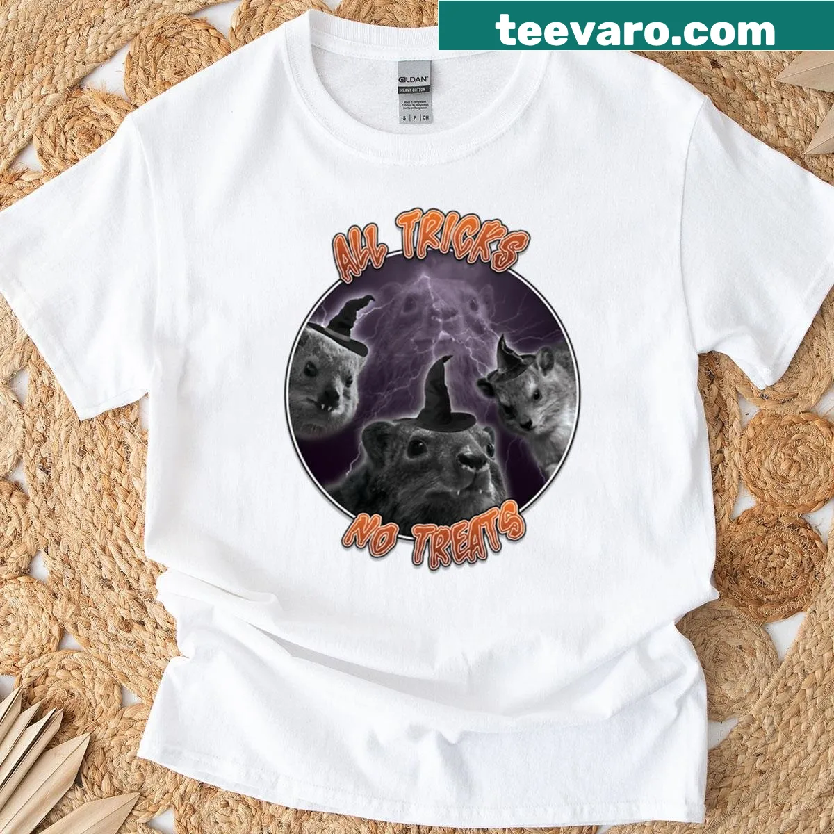Text saying 'All Tricks No Treats' in playful typography — on a men's t-shirt