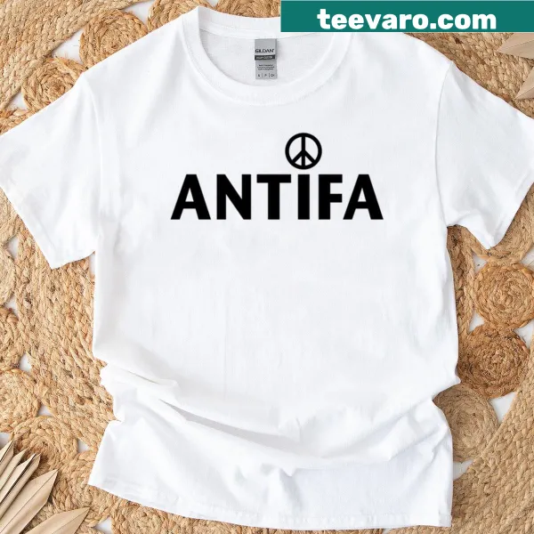 Antifa name graphic with peace sign on a black t-shirt