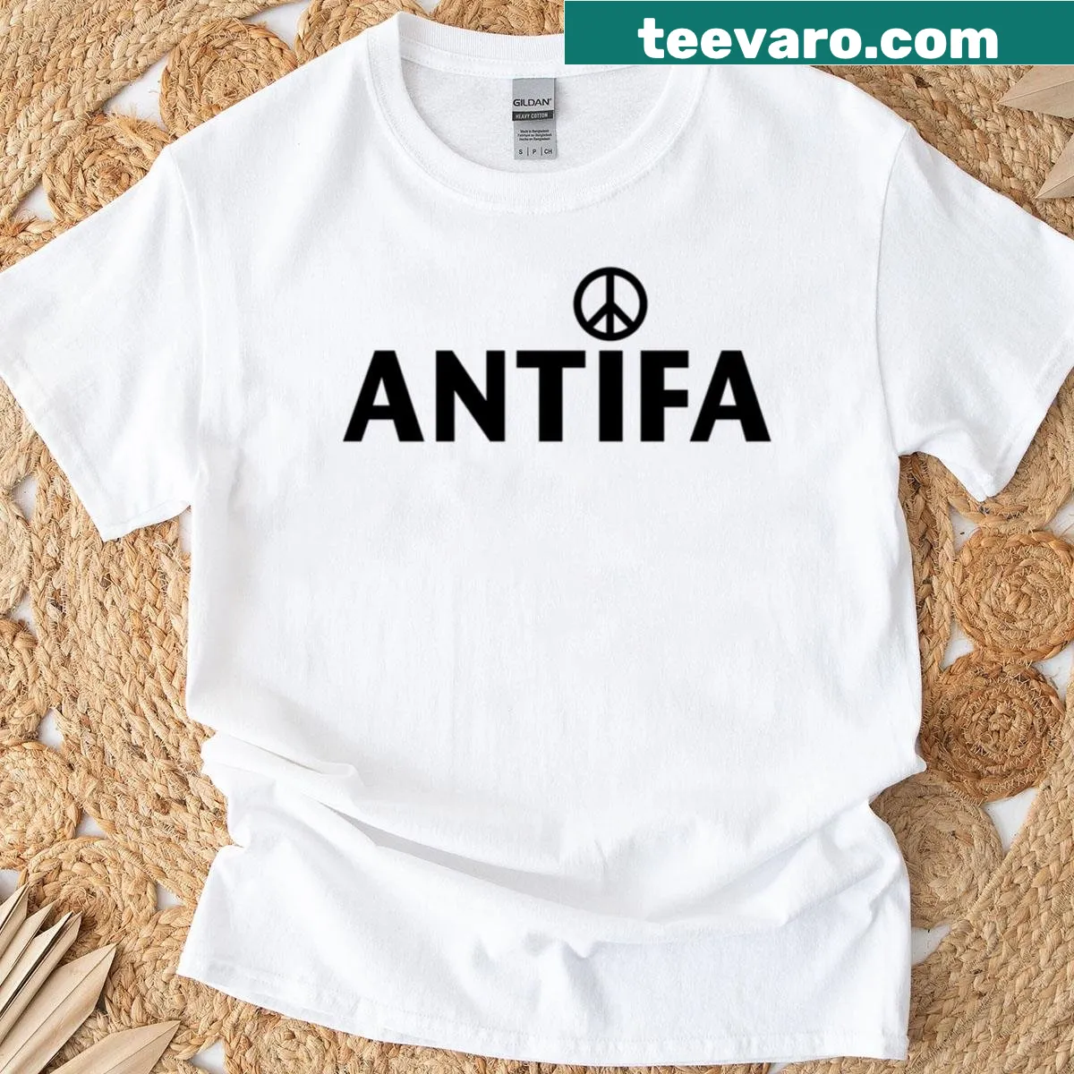 Antifa name graphic with peace sign on a black t-shirt — on a men's t-shirt