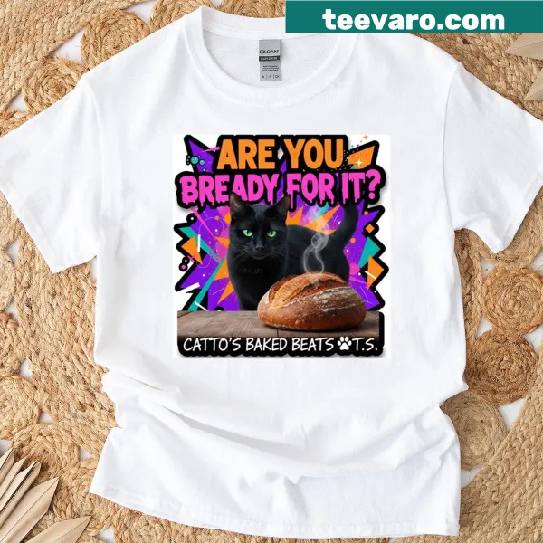 Funny cat-themed t-shirt with 'Are You Bready For It' text