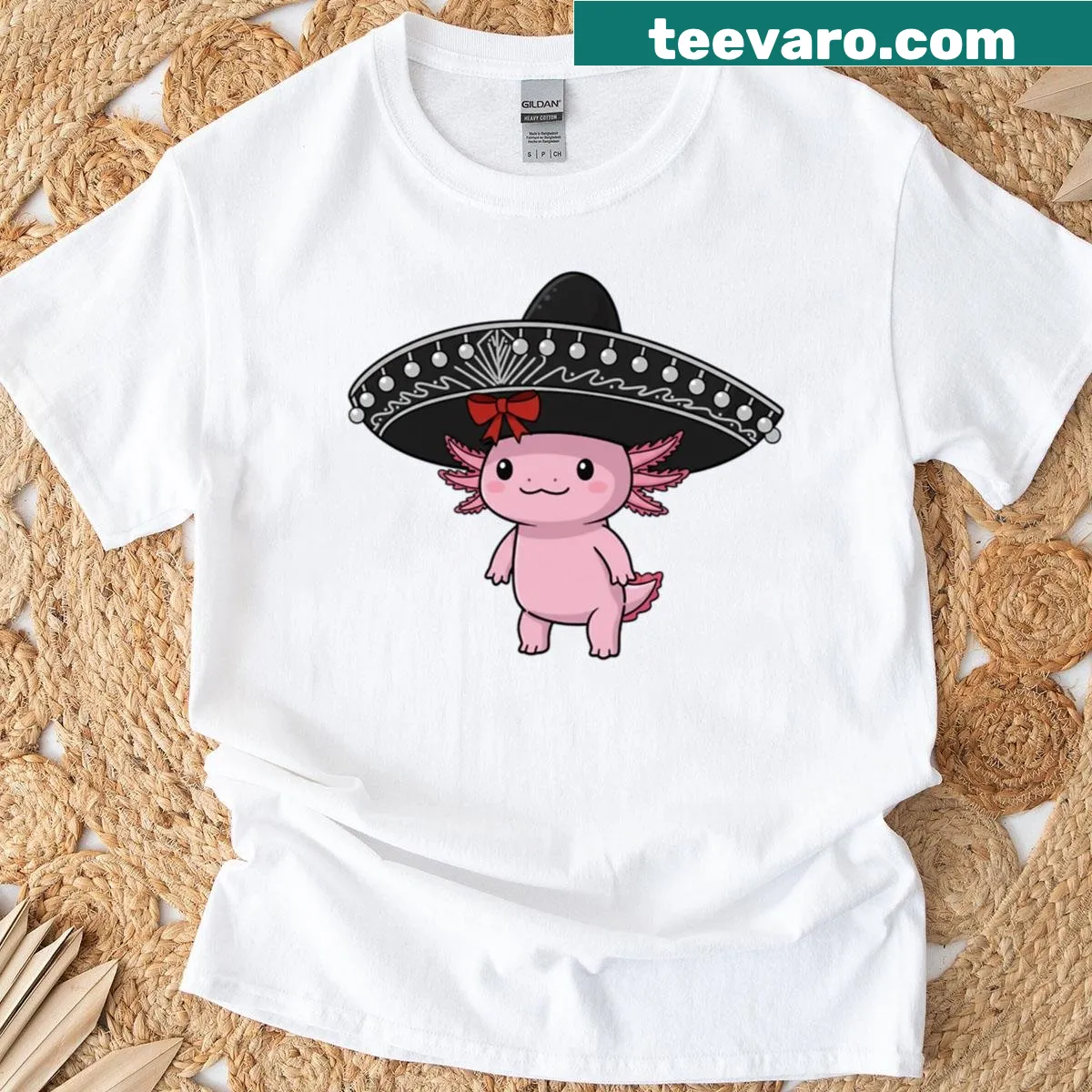 T-shirt featuring an axolotl with a charro hat — on a men's t-shirt