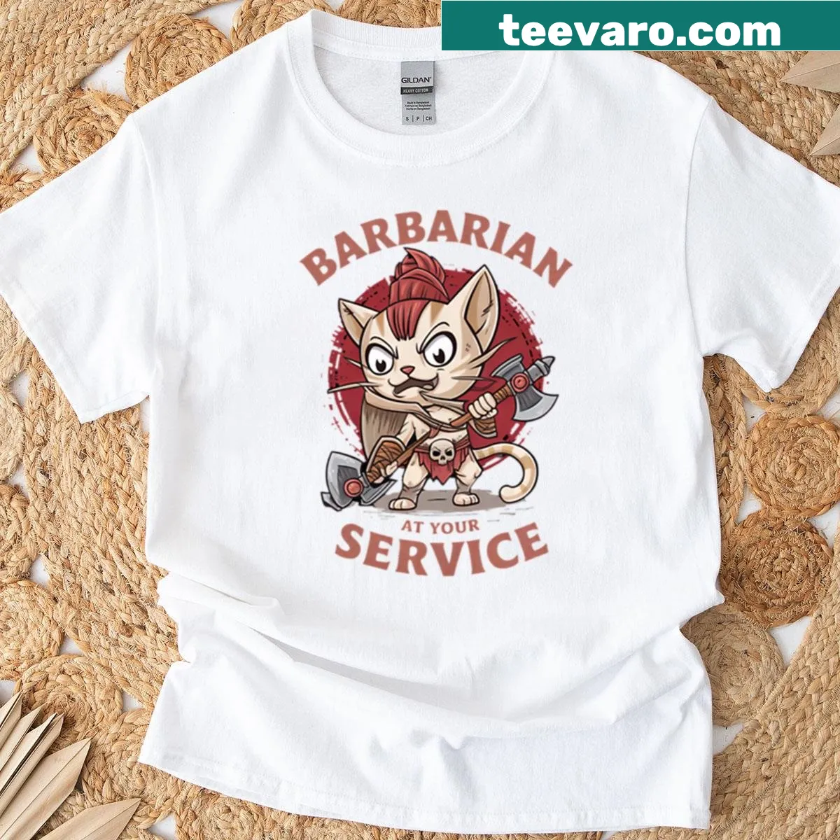 Text saying 'Barbarian At Your Service' in a playful font — on a men's t-shirt