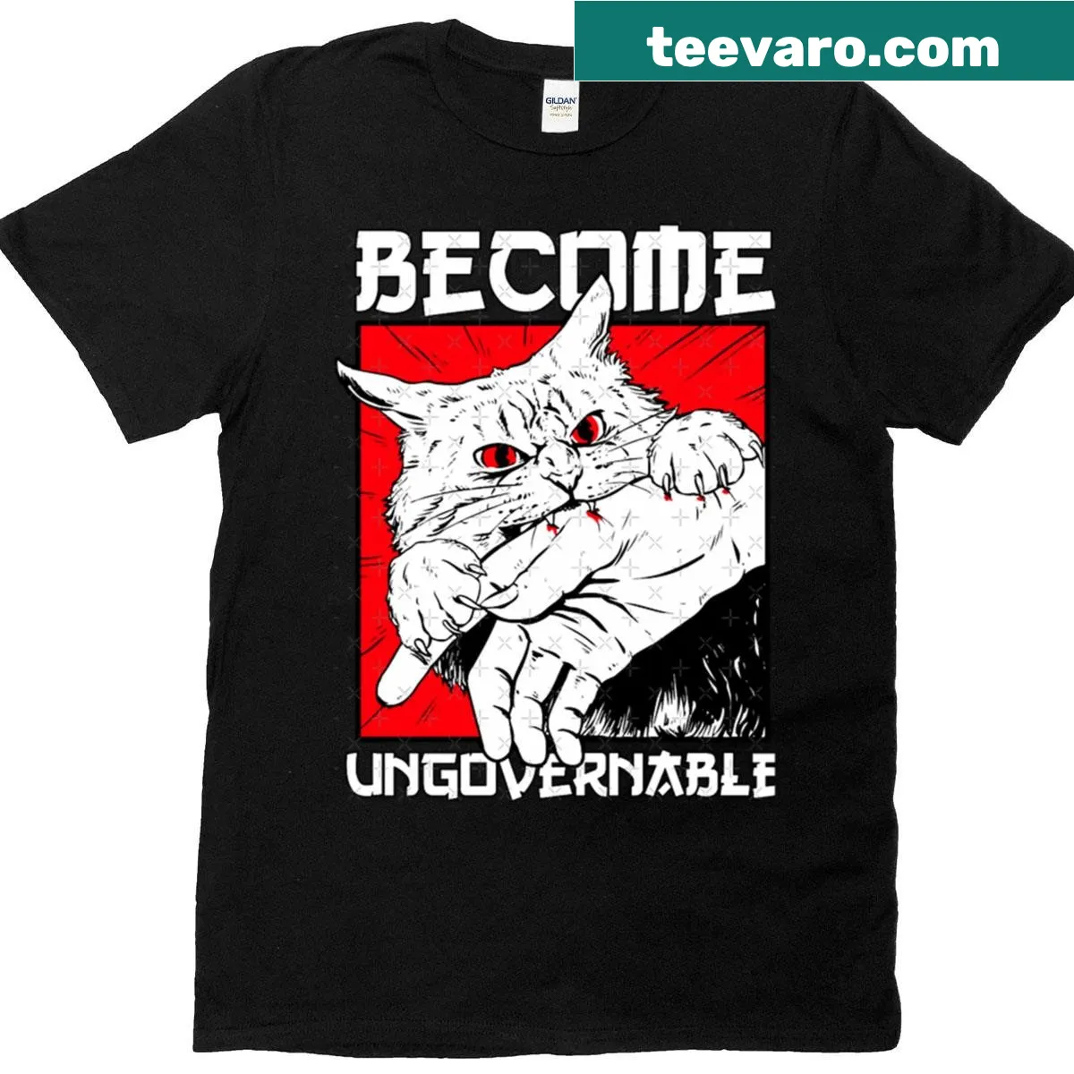 Humorous black cat graphic with biting warning and bold text — on a men's t-shirt
