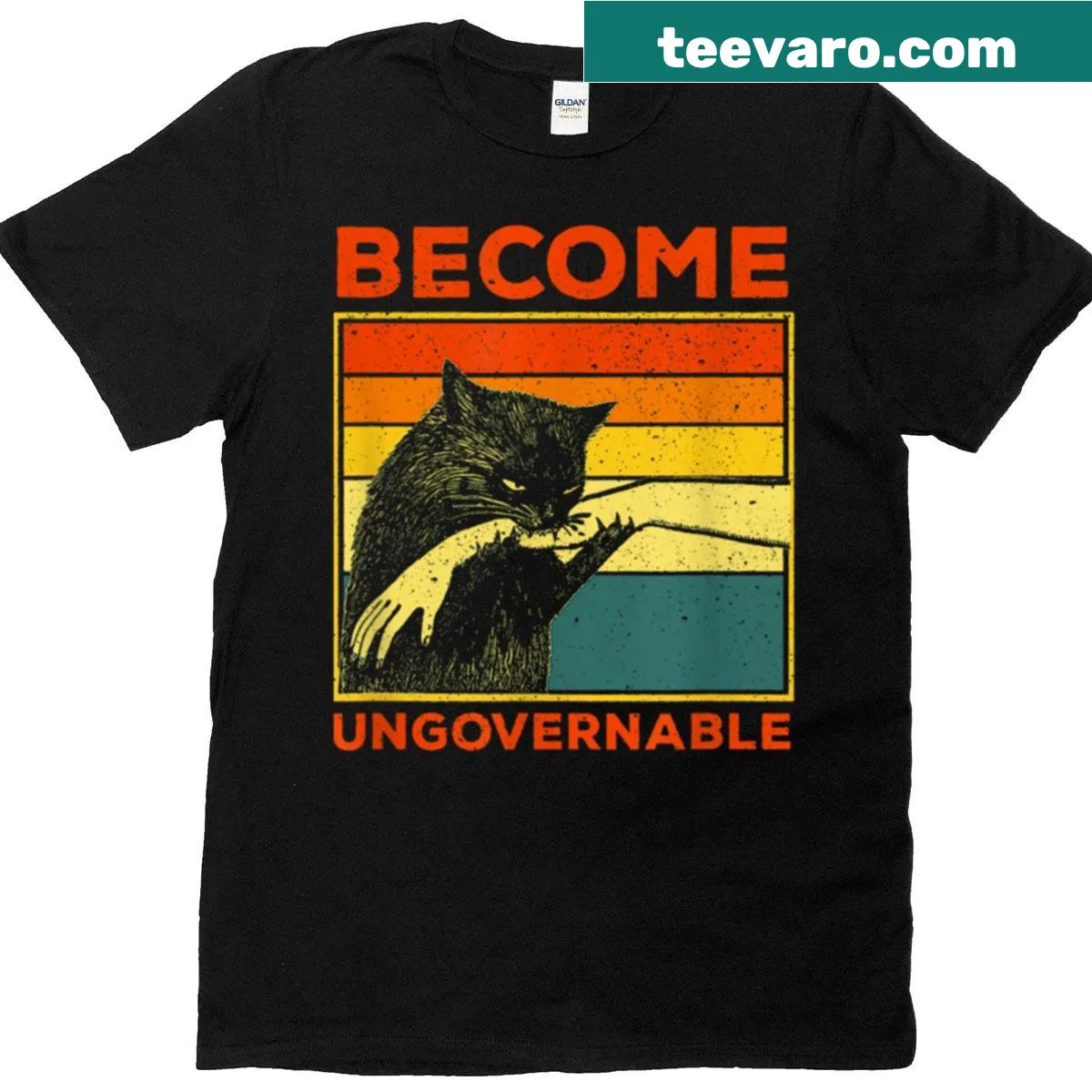Funny active T-shirt with a black cat biting a hand graphic — on a men's t-shirt