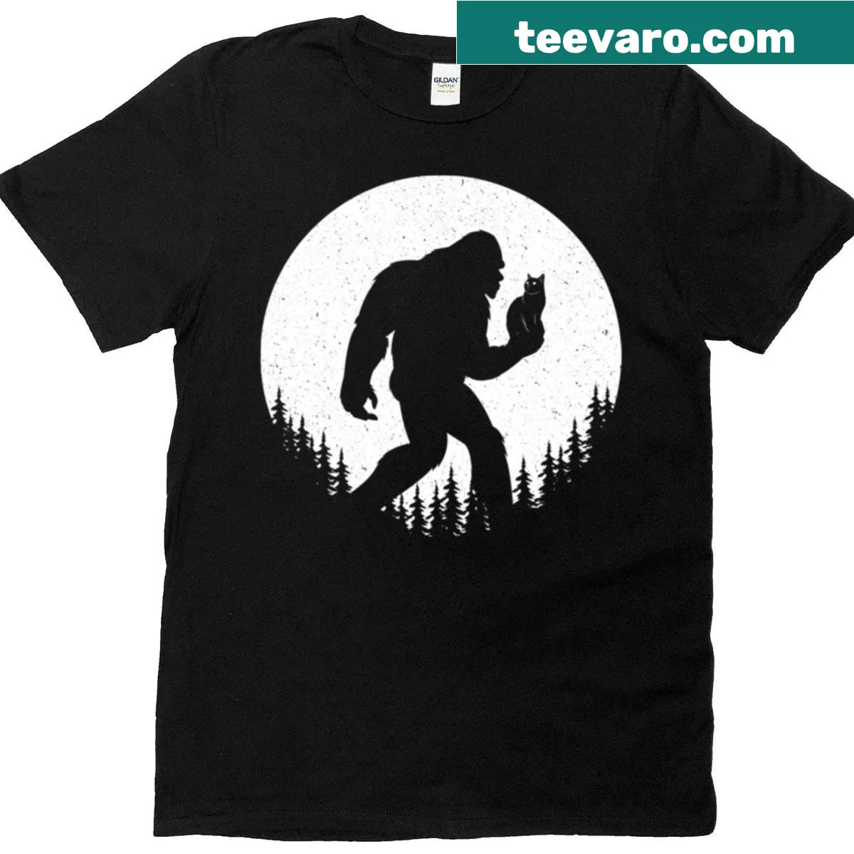Funny t-shirt featuring a cat dressed as Bigfoot in a cartoon design — on a men's t-shirt