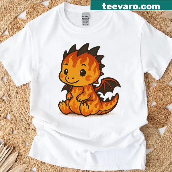 Kawaii baby dragon with flame pattern graphic on T-shirt