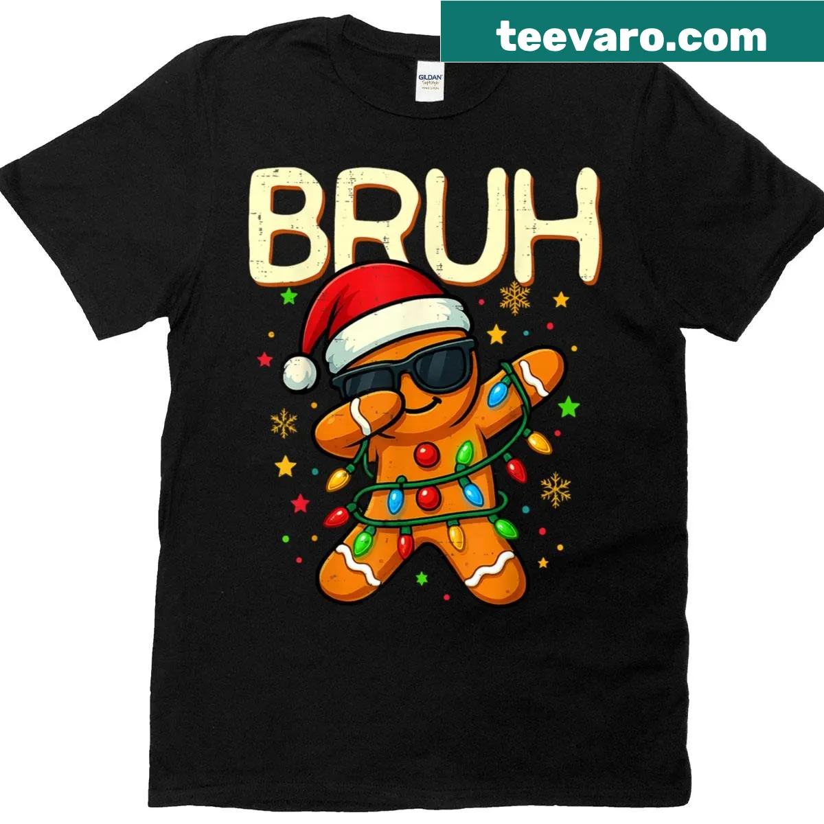 Funny gingerbread man t-shirt with 'Bruh' text for Christmas — on a men's t-shirt