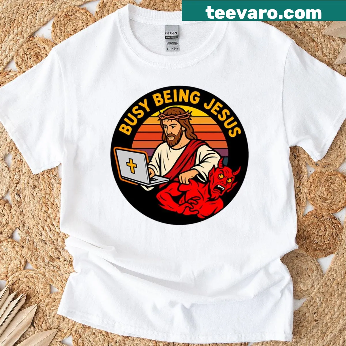 T-shirt with the phrase 'Busy Being Jesus' in bold typography — on a men's t-shirt