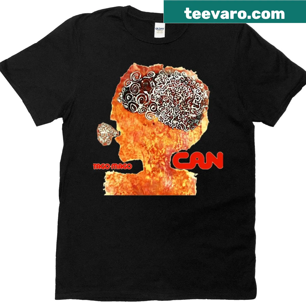 T-shirt featuring the graphic inspired by Can Tago Mago album cover — on a men's t-shirt