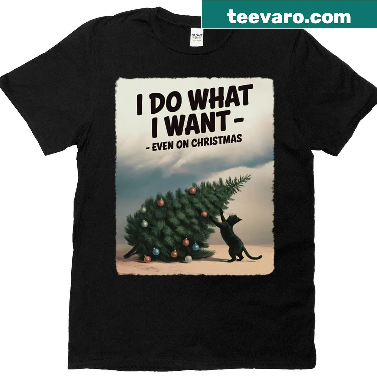 Christmas t-shirt featuring a humorous cat meme — on a men's t-shirt
