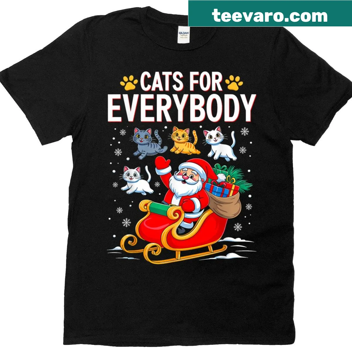 Christmas t-shirt featuring playful cats and a Santa theme — on a men's t-shirt