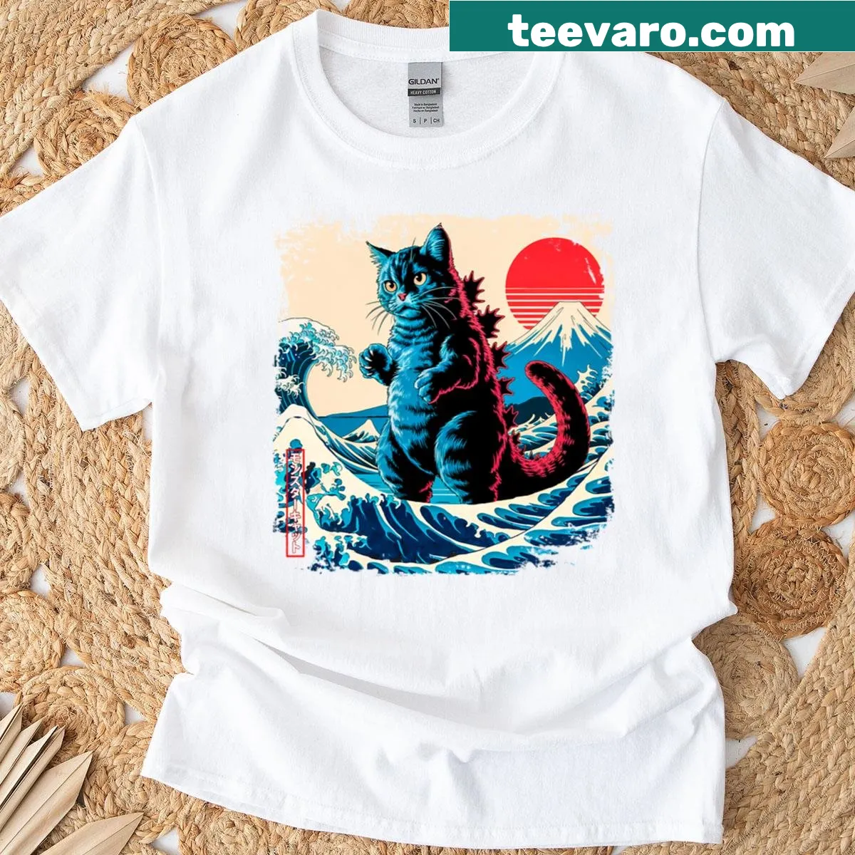 Cat-themed parody of The Great Wave featuring Catzilla — on a men's t-shirt