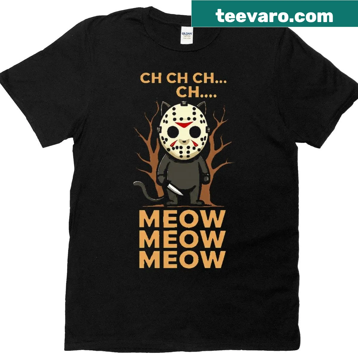 Cat-themed horror movie graphic shirt featuring whimsical text — on a men's t-shirt