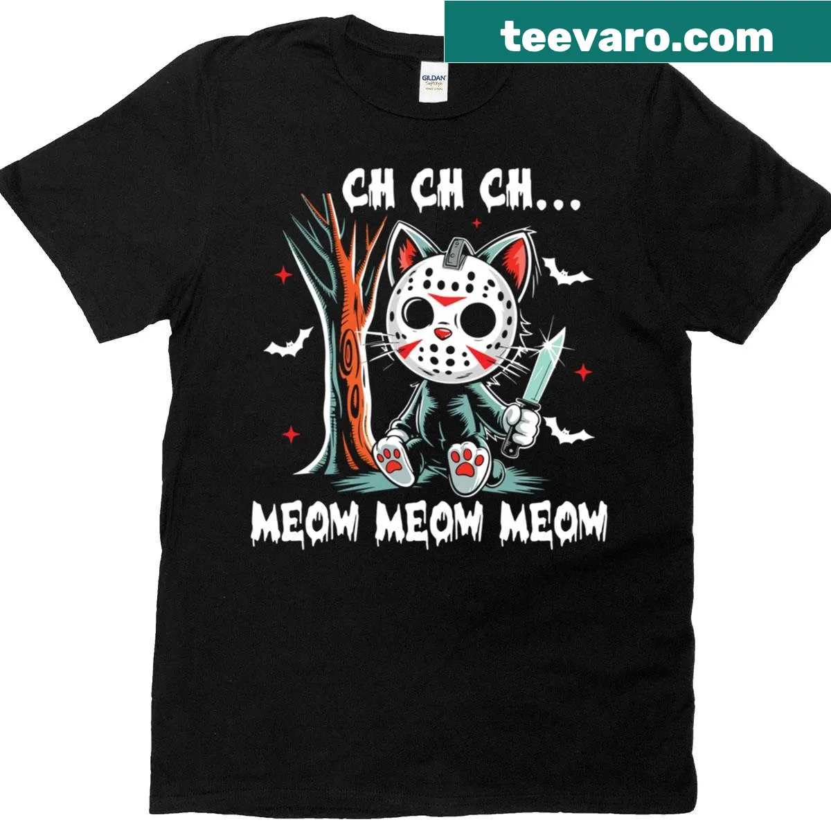 Funny cat horror movie themed t-shirt for Halloween — on a men's t-shirt