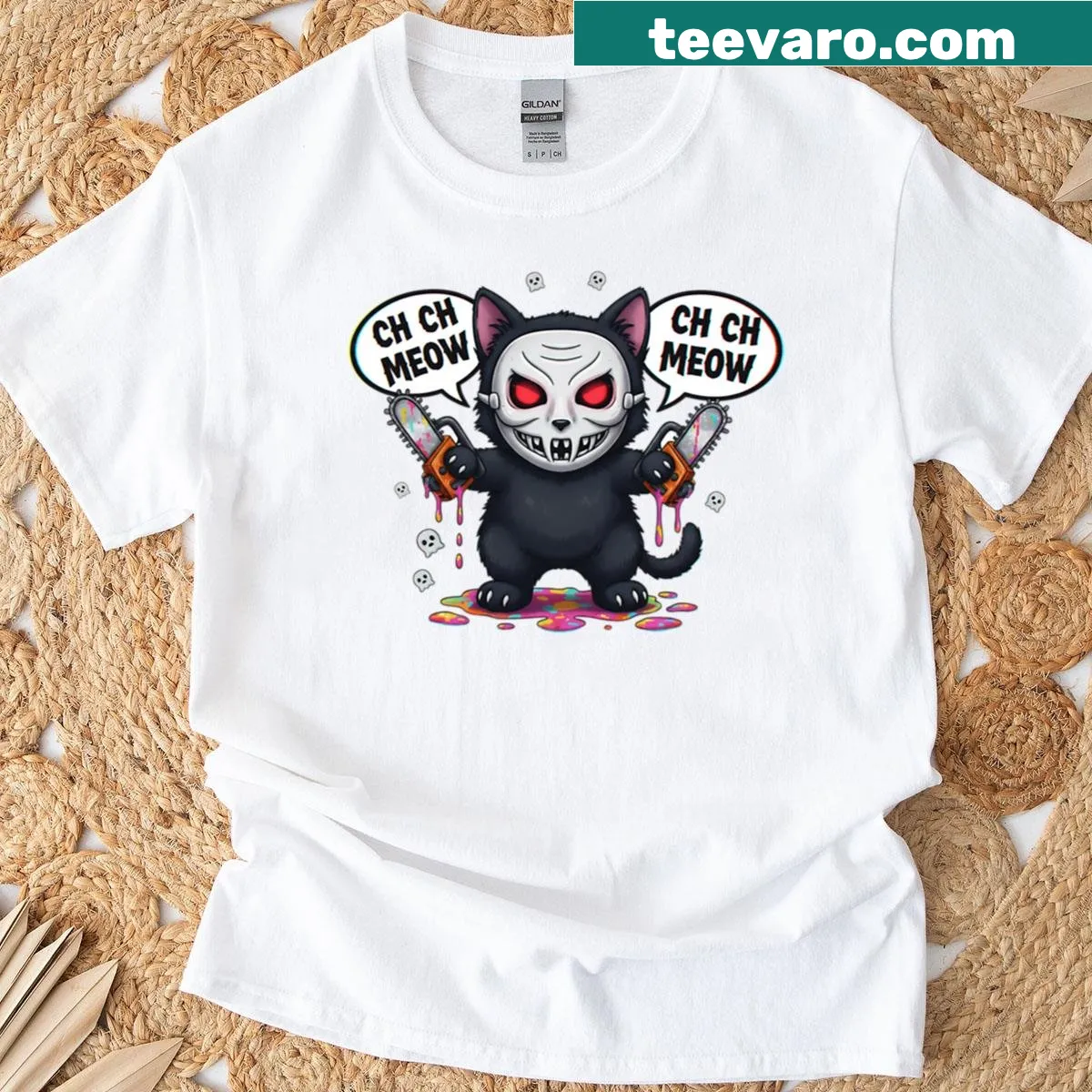 Illustrated Halloween cat slasher design on t-shirt — on a men's t-shirt