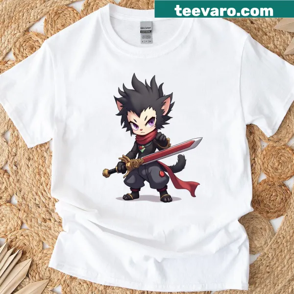 Chibi shadow swordsman graphic T-shirt in anime-inspired style
