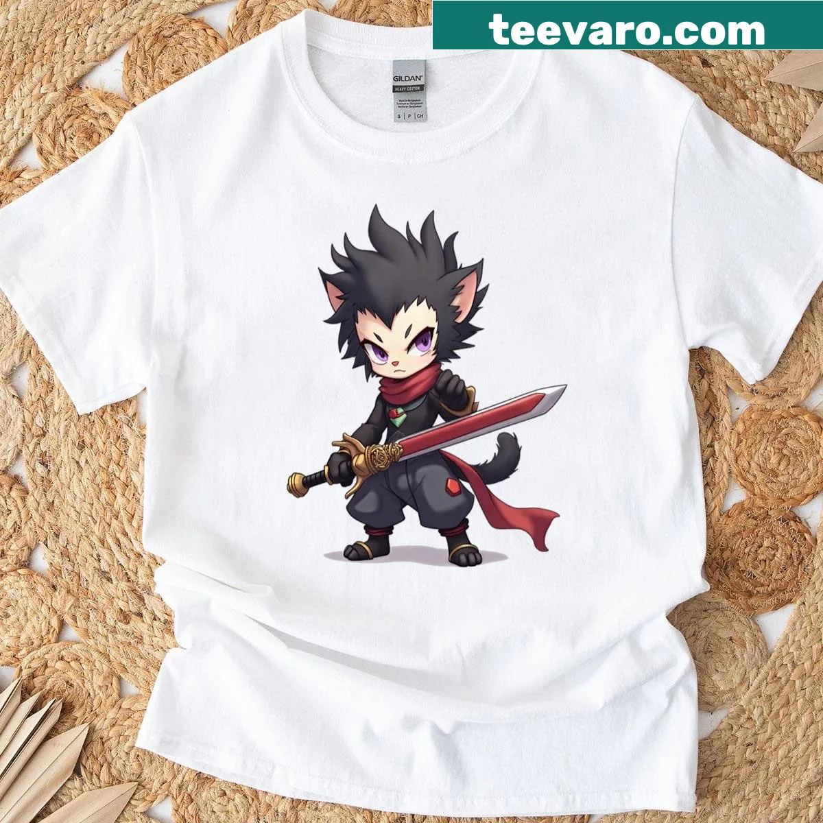 Chibi shadow swordsman graphic T-shirt in anime-inspired style — on a men's t-shirt