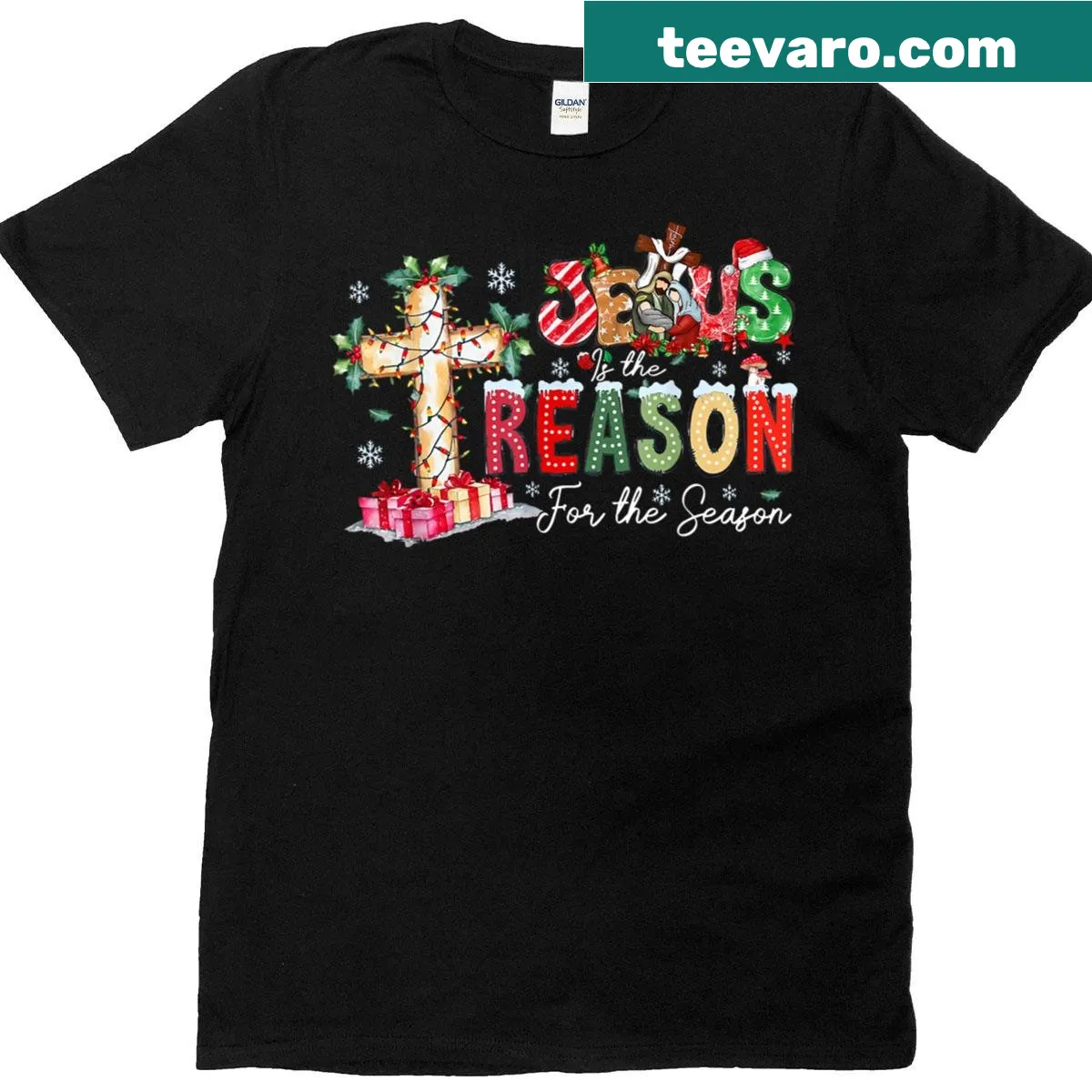 Christmas-themed t-shirt featuring Jesus as the reason for the season — on a men's t-shirt