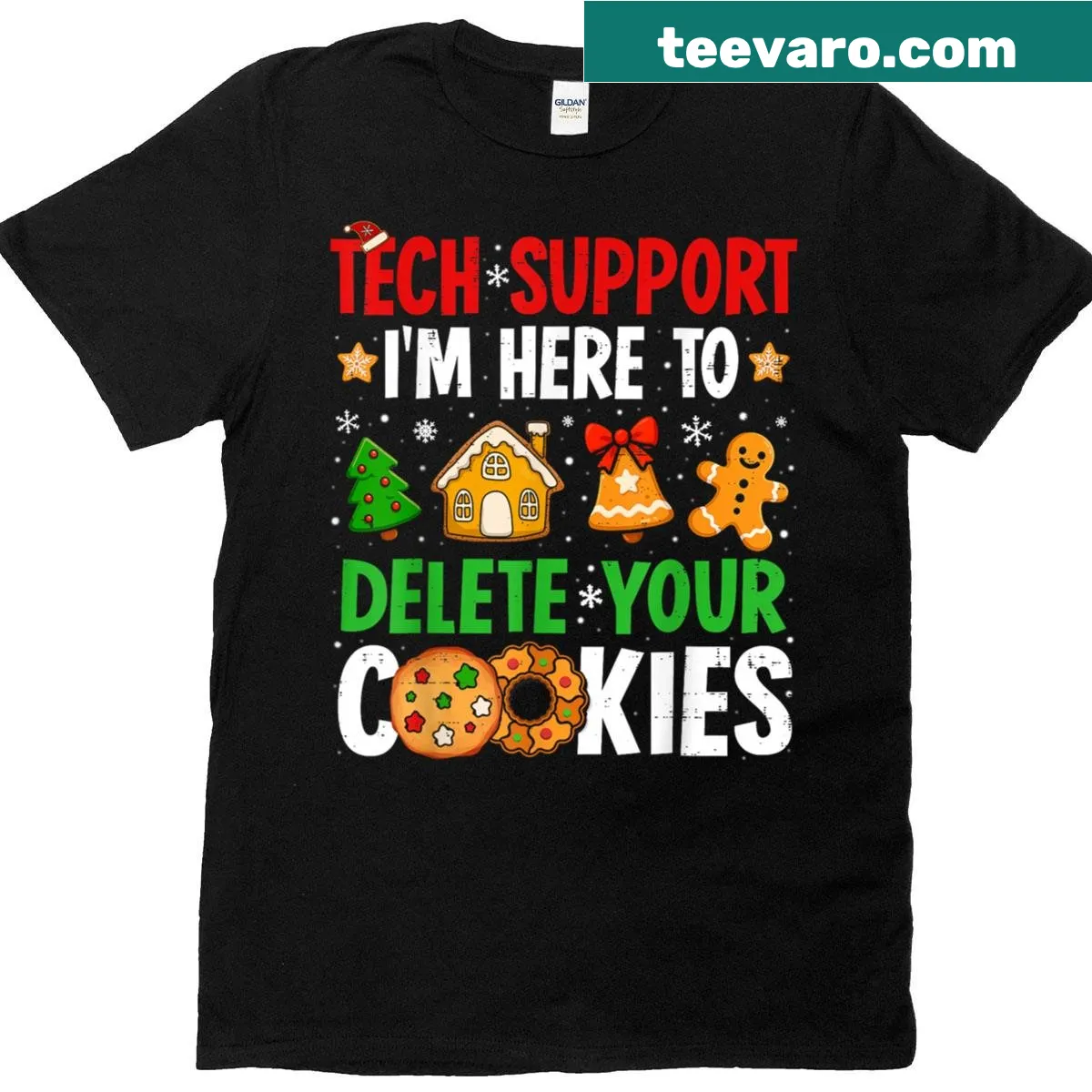 Christmas-themed tech support t-shirt with humorous text — on a men's t-shirt