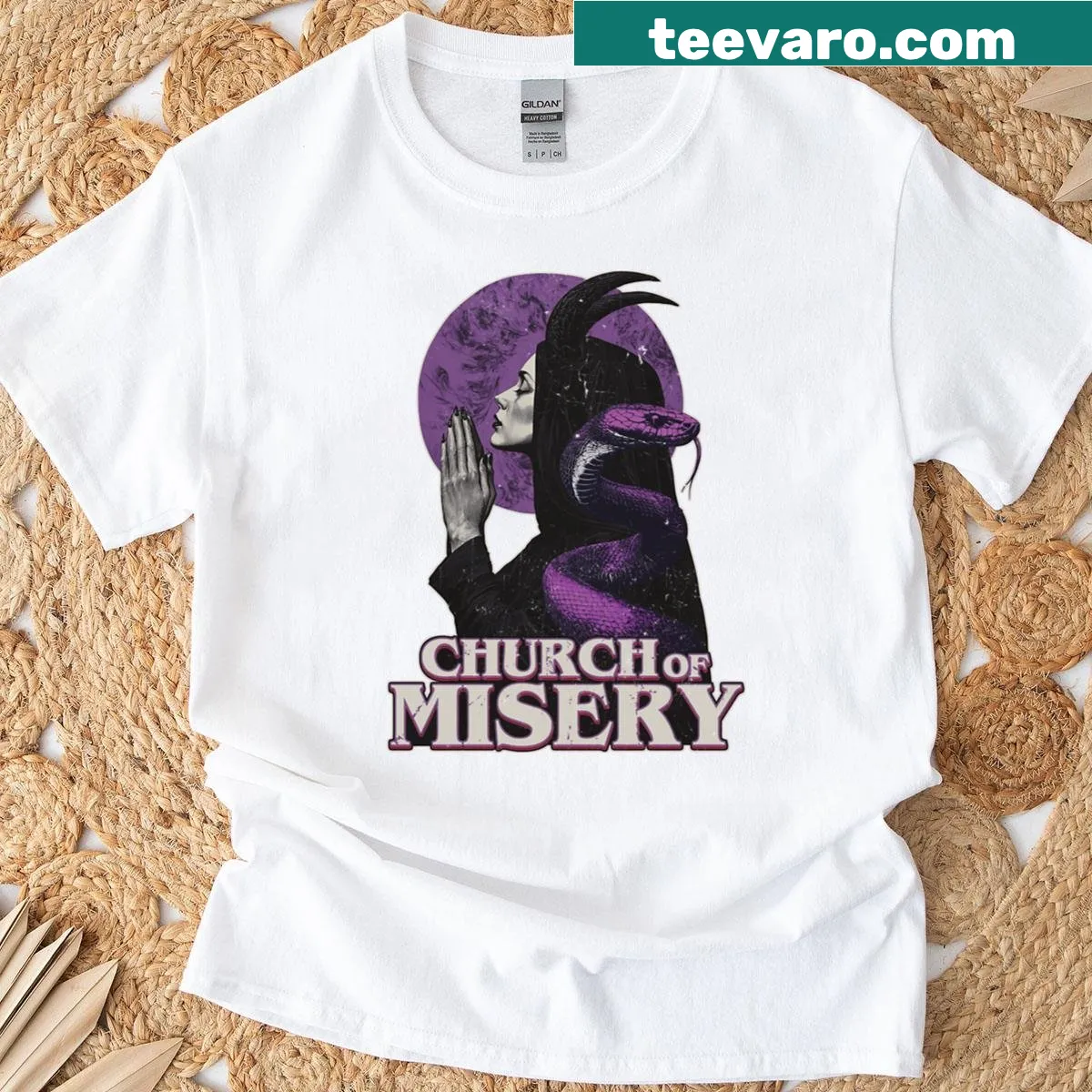 Distressed T-shirt featuring Church of Misery design — on a men's t-shirt