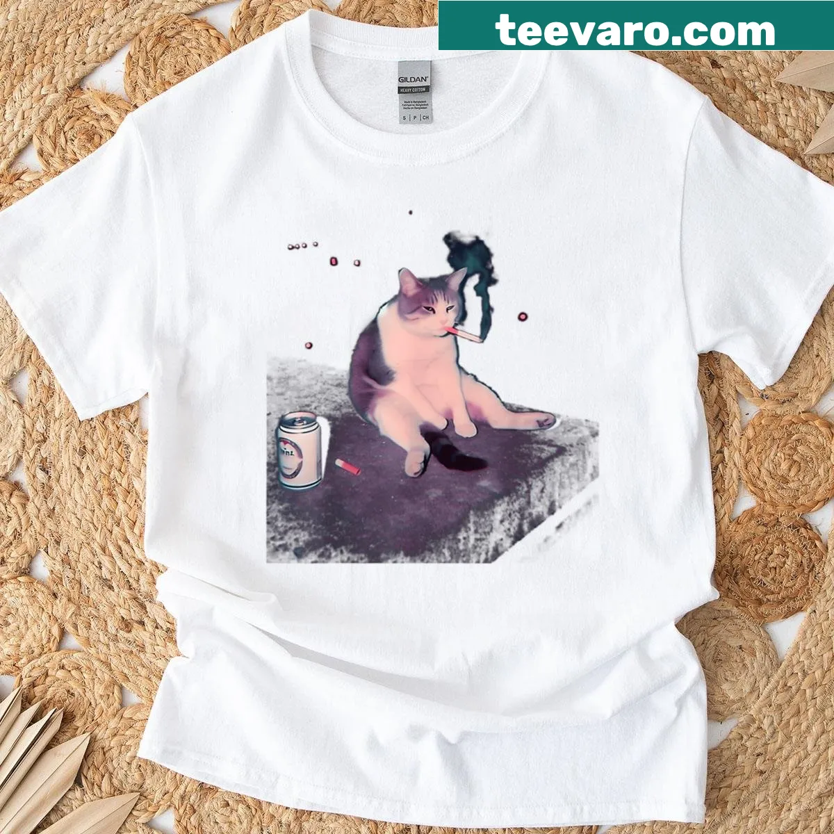 Funny oversized T-shirt with a cartoon kitten smoking a cigarette — on a men's t-shirt