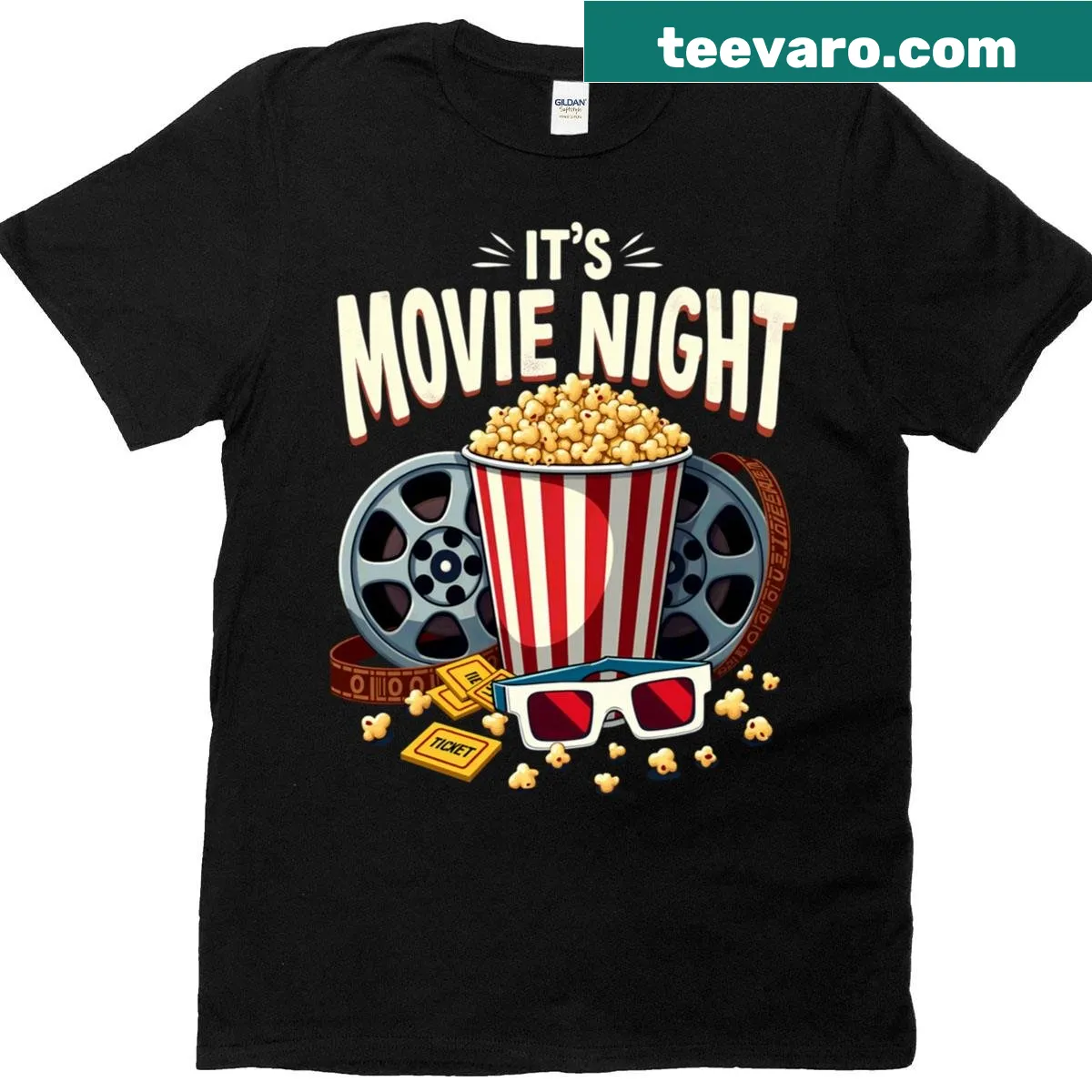 Movie night t-shirt featuring popcorn graphics and fun text — on a men's t-shirt