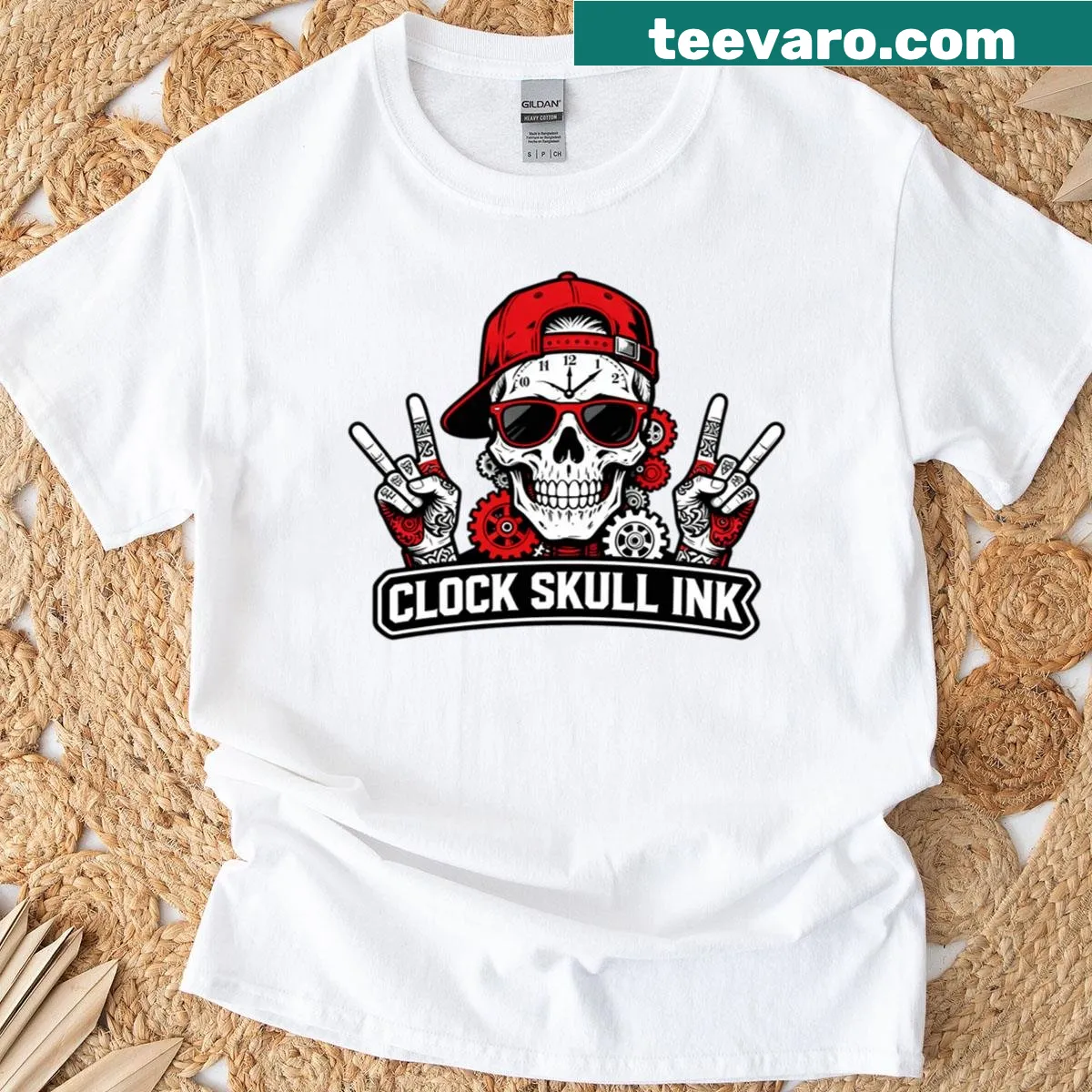 Clock skull tattoo art graphic t-shirt — on a men's t-shirt
