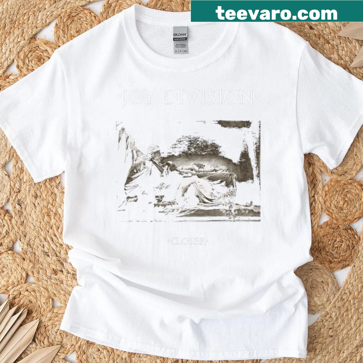 Minimalist T-shirt featuring Joy Division Closer album art — on a men's t-shirt
