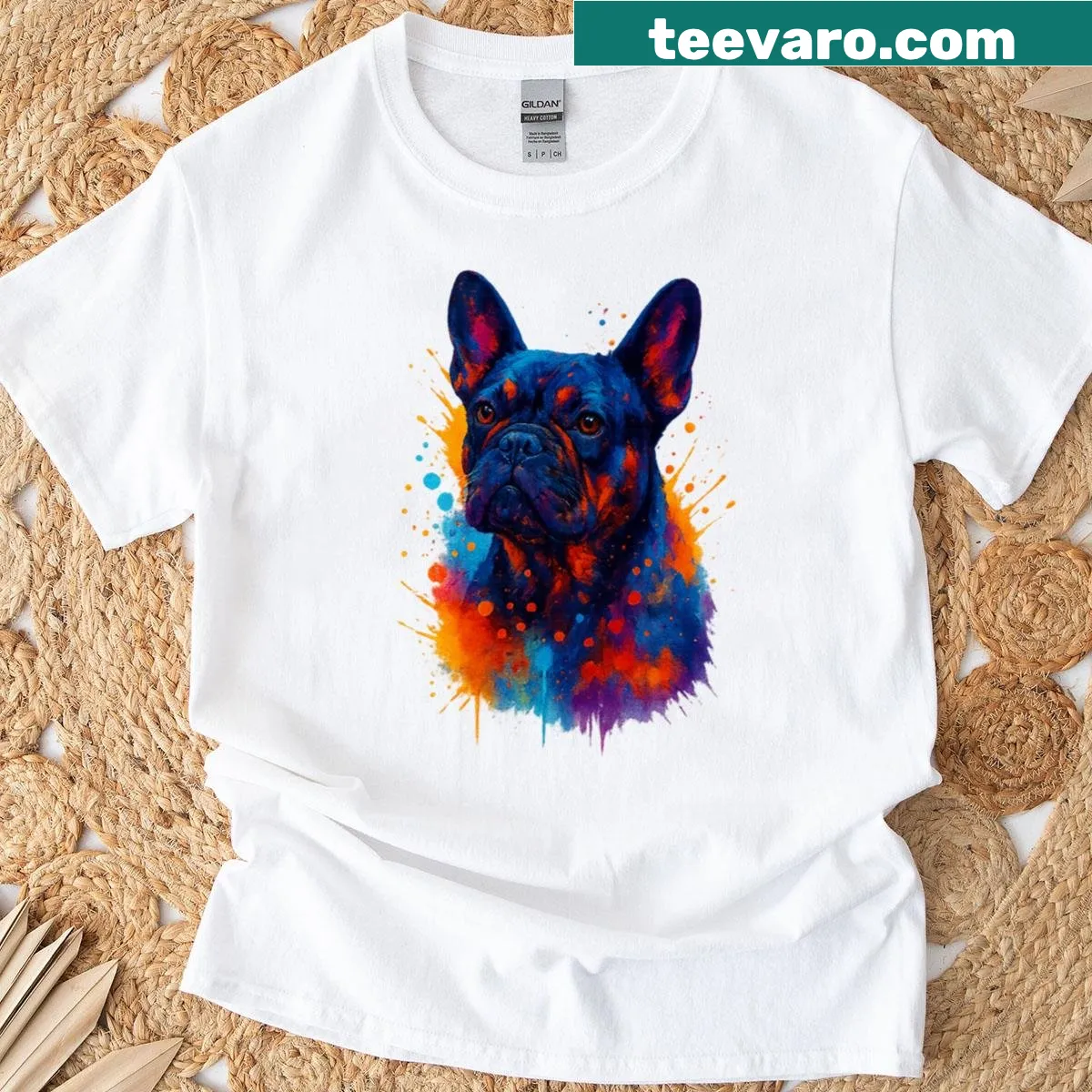 Funny illustration of a French Bulldog, adding humor to casual outfits. — on a men's t-shirt
