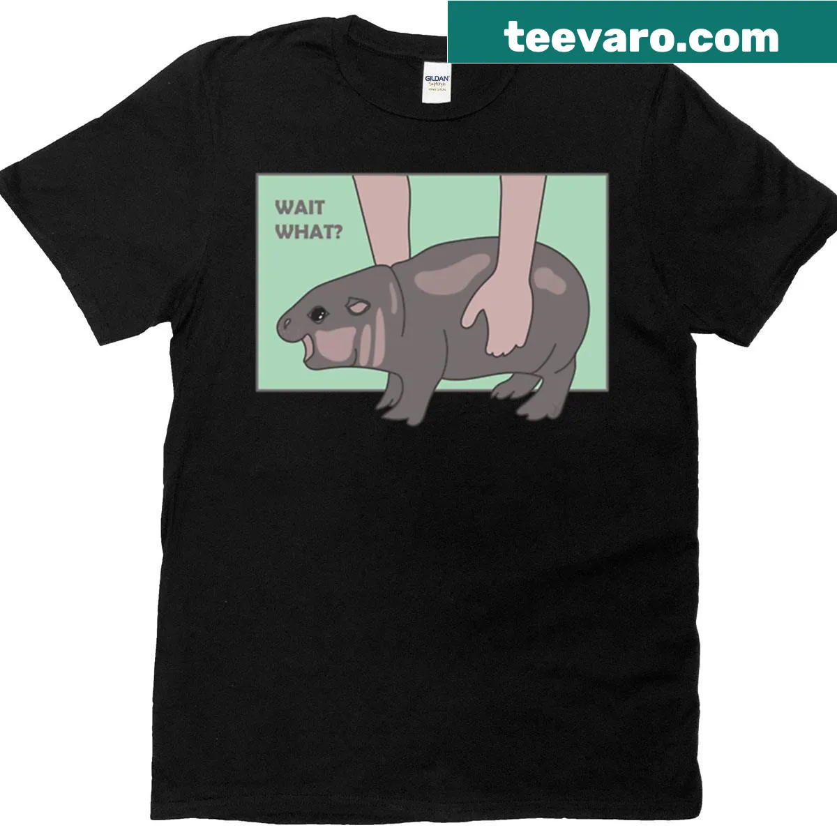 Cartoon baby hippo with the text 'Wait What' — on a men's t-shirt