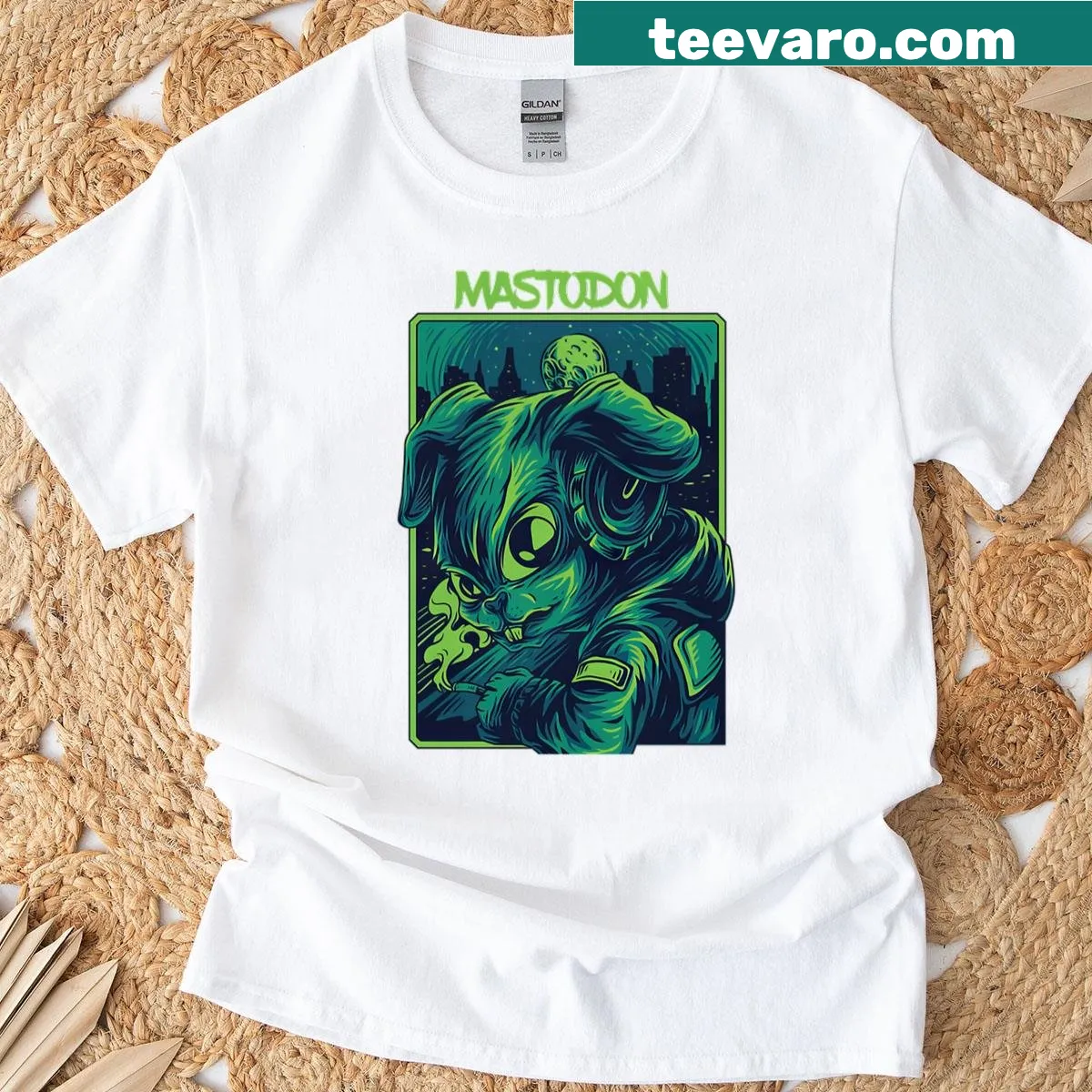 Cartoon T-shirt featuring a rabbit designed as a mastodon. — on a men's t-shirt