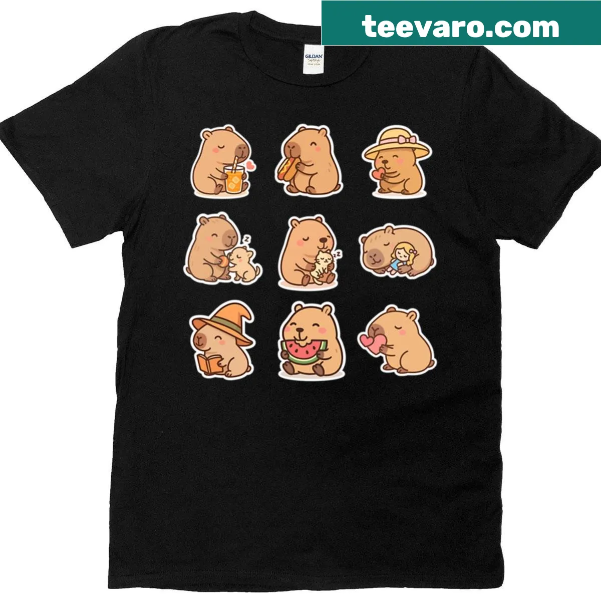 Cute sticker-style capybara graphics on cozy T-shirt — on a men's t-shirt