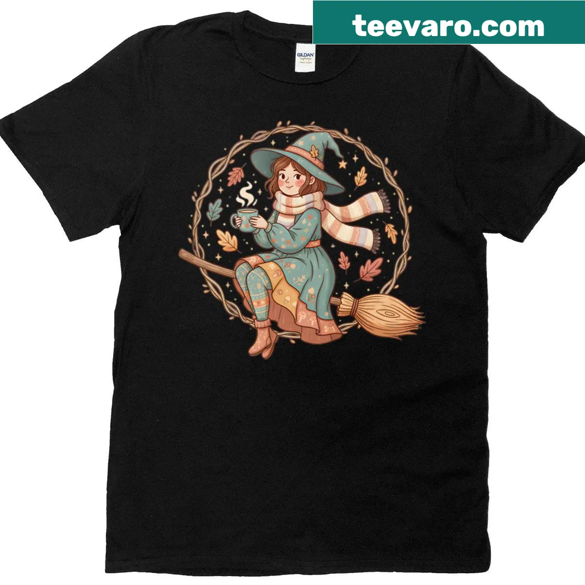 Cozy witch-themed t-shirt featuring a whimsical autumn design — on a men's t-shirt