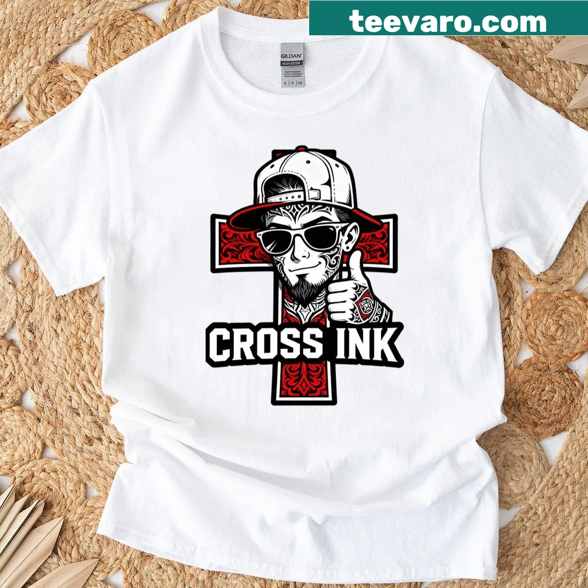 Minimalist tattoo art t-shirt featuring a cross design — on a men's t-shirt