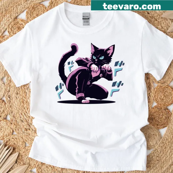 Cartoon design of a crouching cat on a T-shirt.