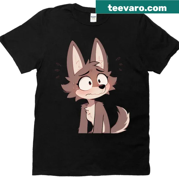 T-shirt featuring a cute, anxious wolf illustration