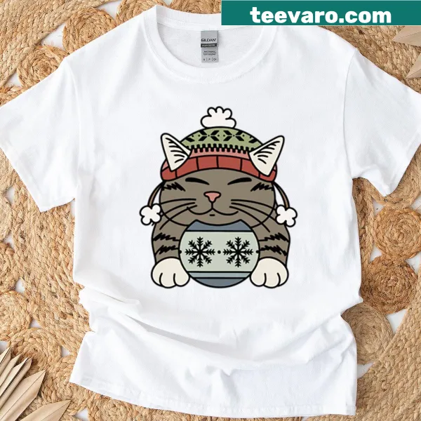 Adorable Christmas cat T-shirt with festive illustration.