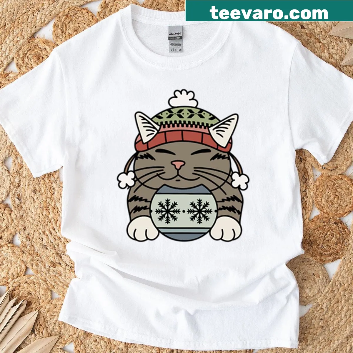 Adorable Christmas cat T-shirt with festive illustration. — on a men's t-shirt