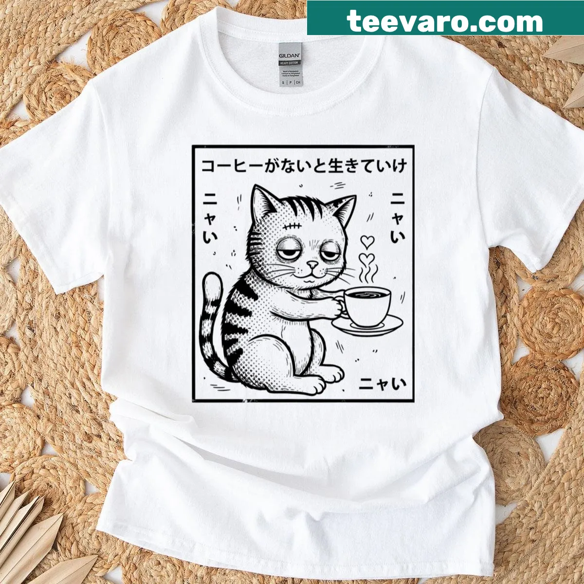 T-shirt featuring a cute cat and coffee graphic — on a men's t-shirt