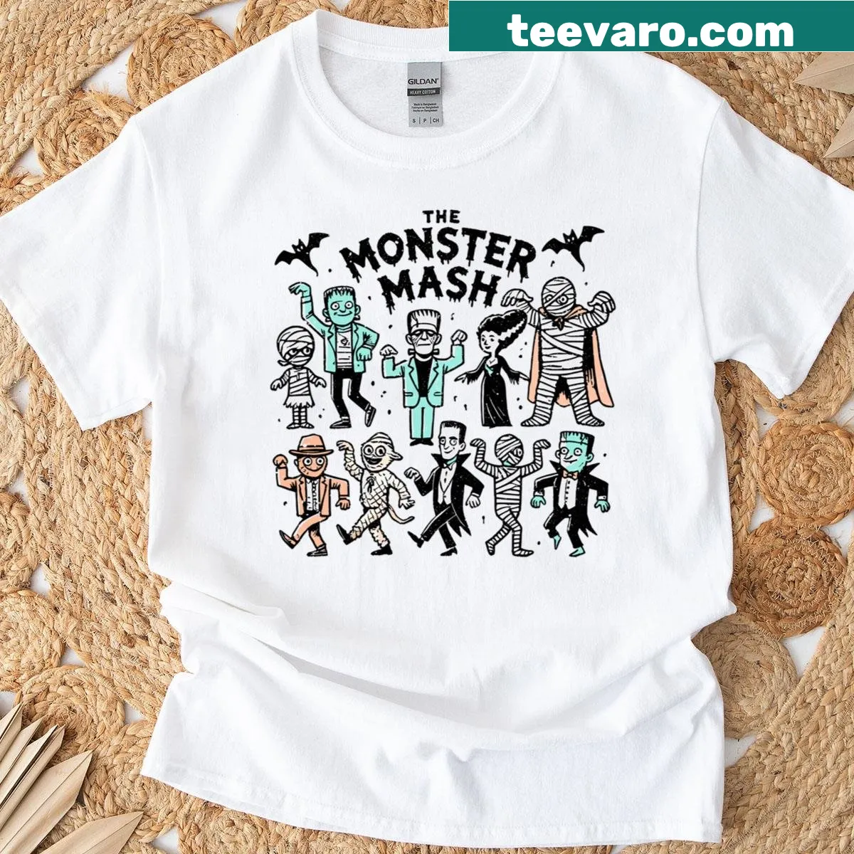 Cartoon-style T-shirt featuring a cute interpretation of classic horror monsters — on a men's t-shirt