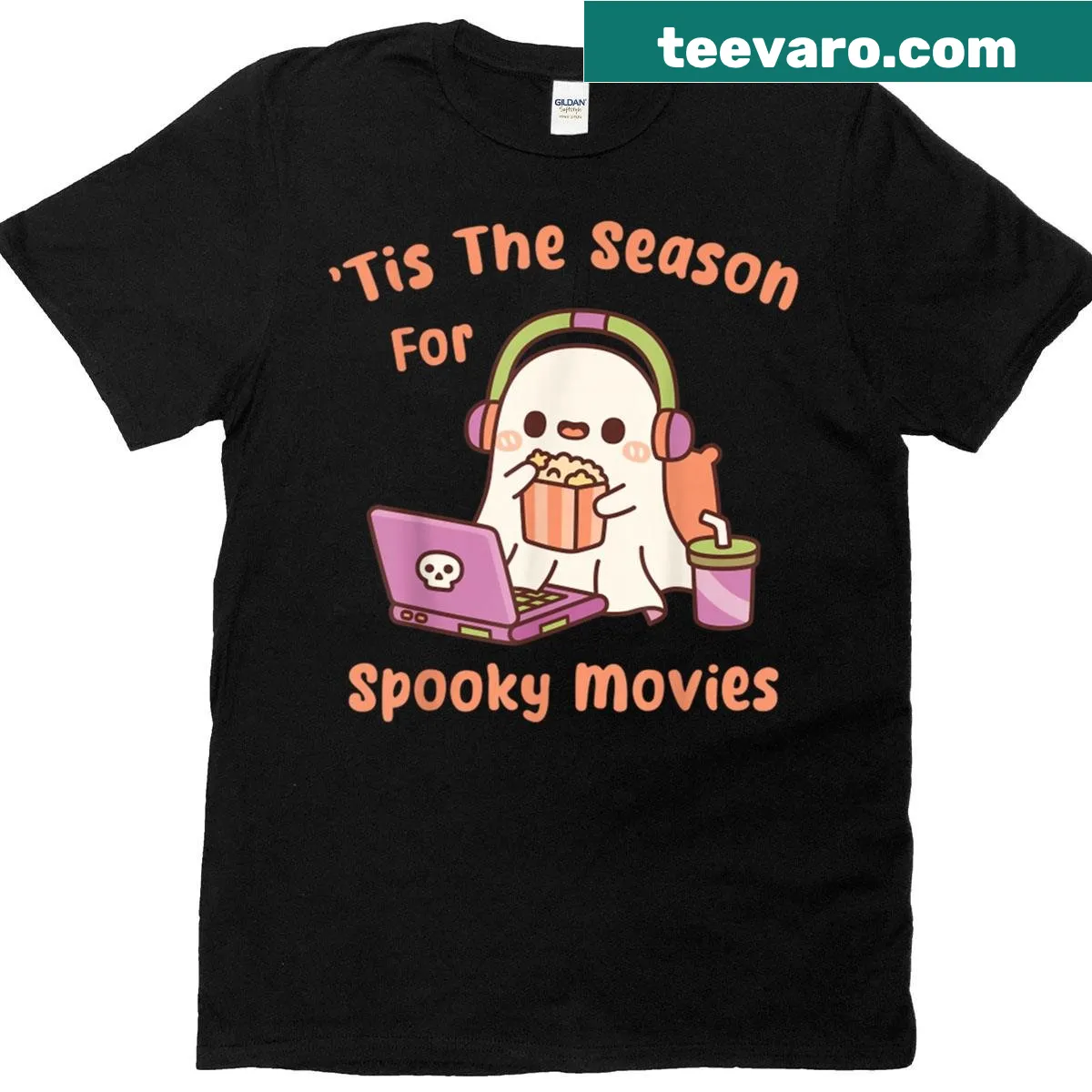 Cartoon ghost holding popcorn on T-shirt — on a men's t-shirt