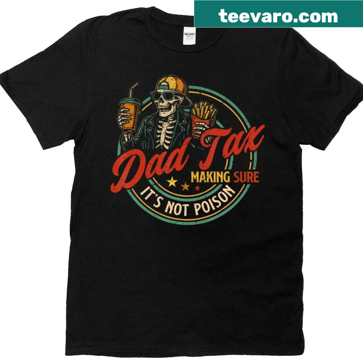 Funny Dad Tax text graphic on T-shirt for dads — on a men's t-shirt