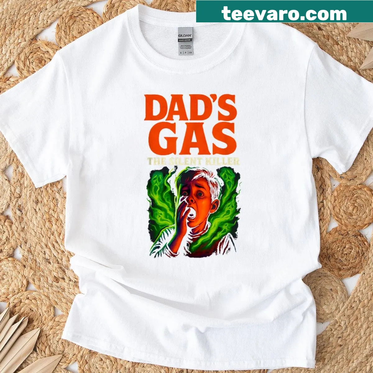 Retro horror movie poster design with a humorous fart joke, ideal for dads. — on a men's t-shirt