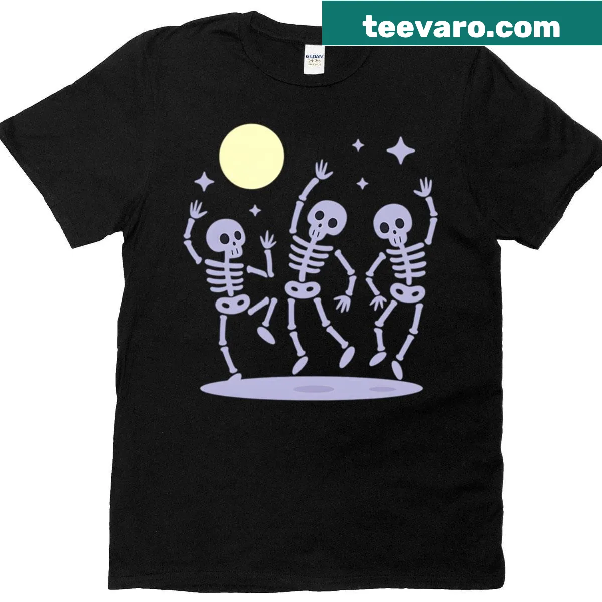 Playful dancing skeletons graphic under the moonlight on T-shirt — on a men's t-shirt